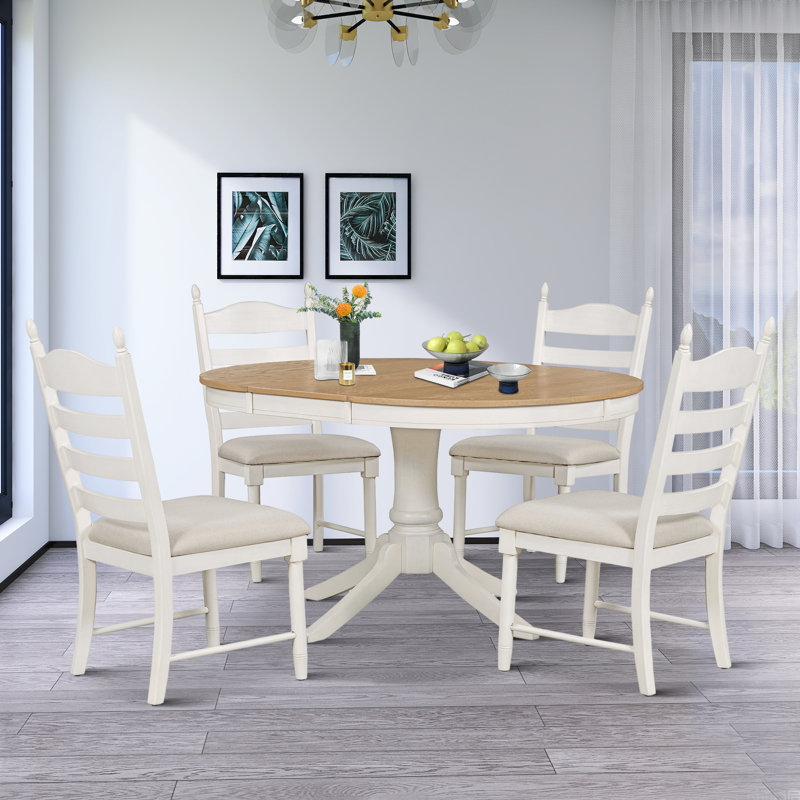 Brenita Wooden 5-Piece Dining Set with Extendable Table Top and Seat Cushions, Natural, Off White