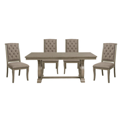 Classic Luxury Dining 5pc Extendable Table and Chairs Set Button Tufted Upholstered Self-Storing Leaf Traditional Design Furniture