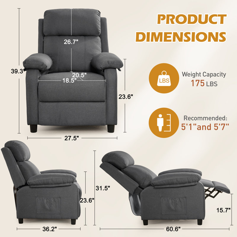 Fauteuil inclinable, fauteuils inclinables réglables pour adultes, petits fauteuils inclinables pour petits espaces, fauteuils inclinables avec poches latérales