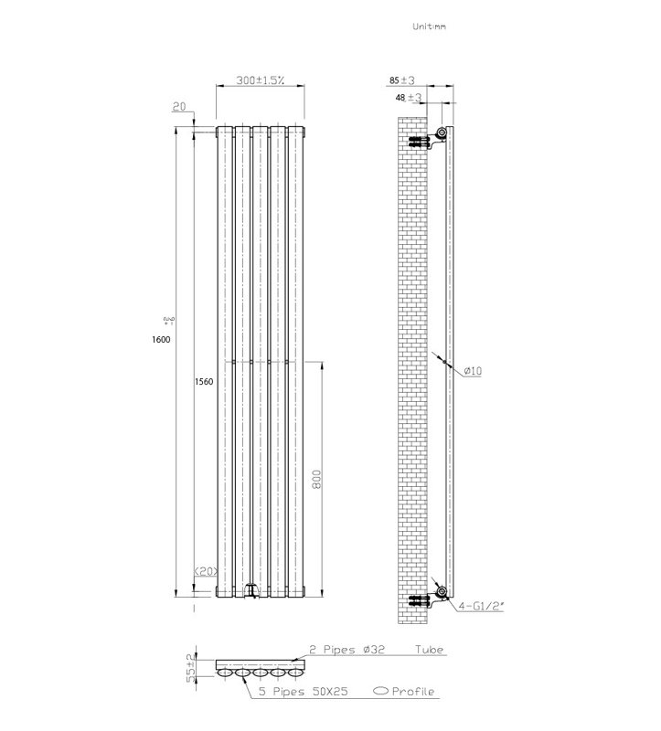 Oval Panel Radiators, 62cm H x 11cm W x 3cm D, Grey