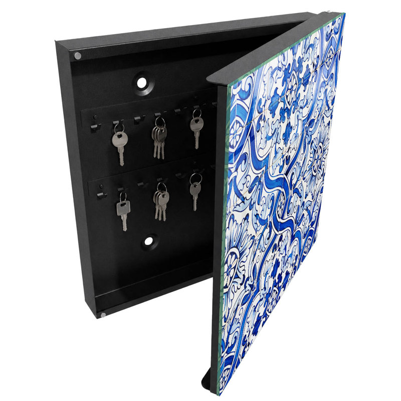 Key box for wall, Opens to the left, 30x30x5, White, Traditional blue tile patterns, 