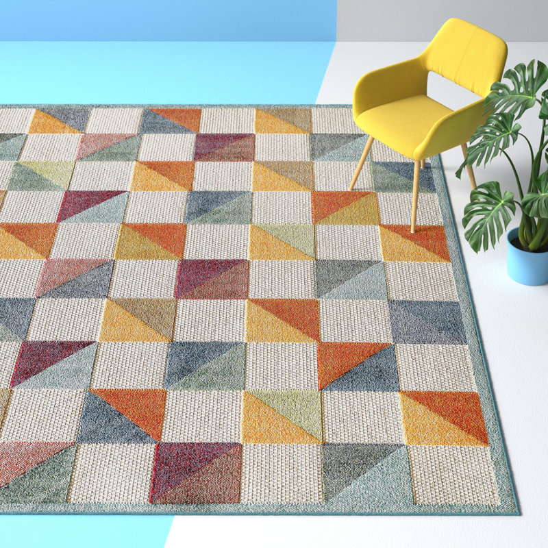 Hesselbein Checkered Indoor / Outdoor Area Rug, Rectangle 6'7" x 9', Ivory/Multi
