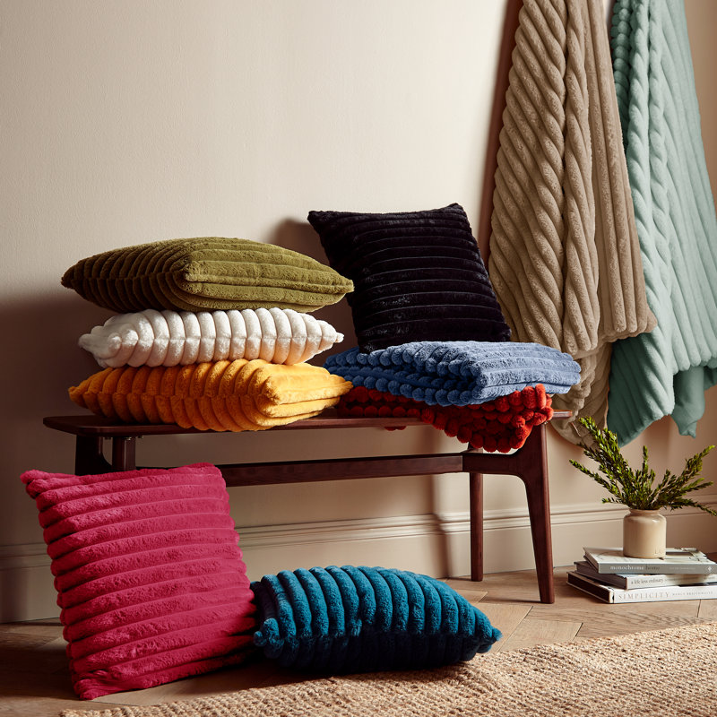 Cosy Ribbed Faux Fur Cushion, Green, Polyester