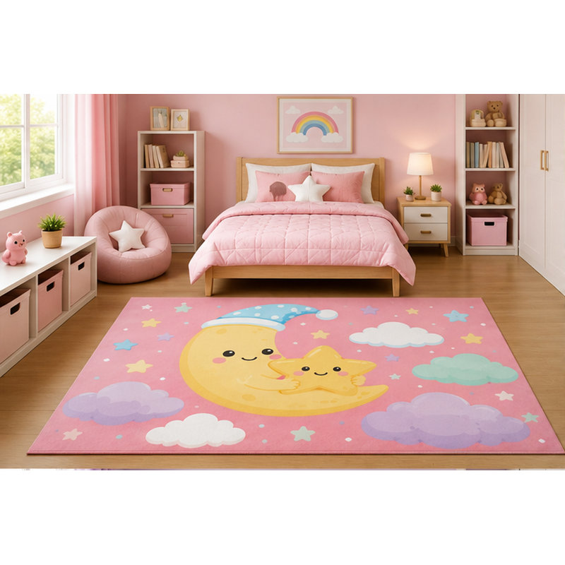 Tapis ultra-léger 152 x 213 cm (5' x 7') motif lune et étoiles pour chambre de fille, crèche ou salle de jeux. Style scandinave minimaliste, décor céleste et nuageux. Dos en silicone antidérapant. Poils courts.