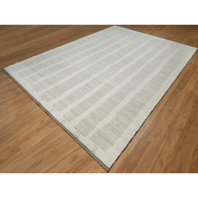 10'x14'1" Cream White, Flat Weave with Pile, Undyed Natural Wool, Hand Woven, Textured, Oriental Rug