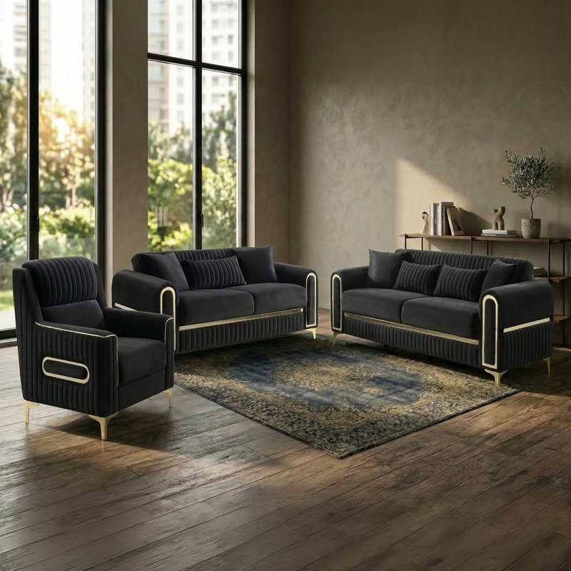 Ensemble de salon 2 pièces Duron, Noir, 3 Pcs: Loveseat; Sofa; Chair