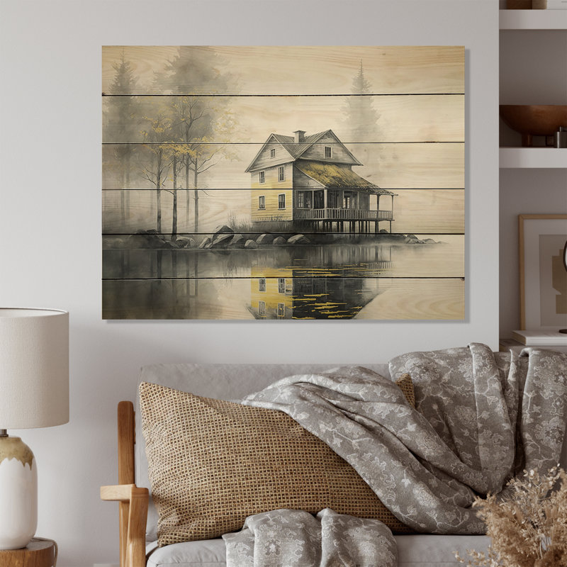 Cottage par le lac III - impression sans cadre sur bois, H 12 po x l 20 po x P 1 po