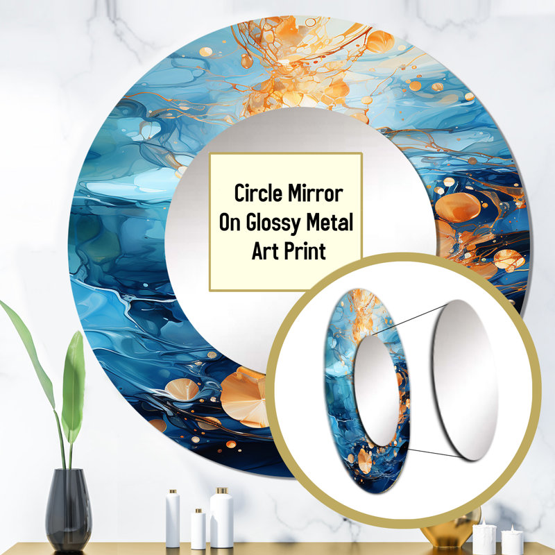23" Round Blue and Gold Abstract Vanity Mirror