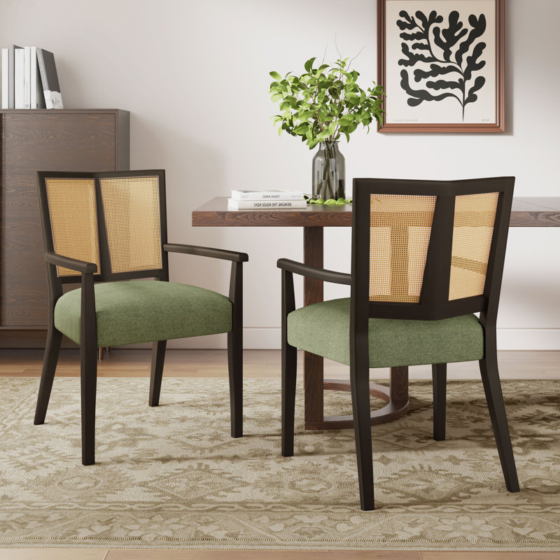 Chaises de salle à manger en bois Jad avec dossier en rotin de polyéthylène, Marron foncé, Vert