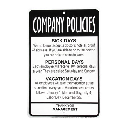 Management Employees Funny Company Policies Break Room Sign Management Employees Funny Company Policies Break Room Sign
