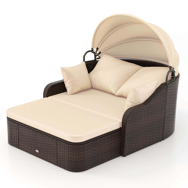 Lit de jour pour patio en rotin avec auvent rétractable, coussins moelleux et coussins supplémentaires