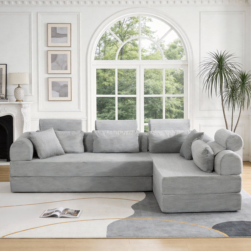108" L-shaped Modular Sectional Sectional Sofa, Corduroy Sleeper Couch Bed, Compression Foam Sectional with Headrest - No Assembly Required