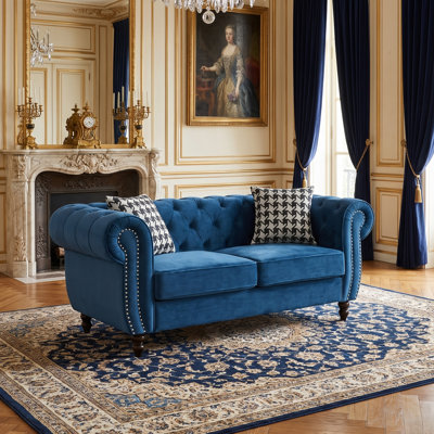 Velvet Rolled Arm Chesterfield Sofa with Nailhead Trim
