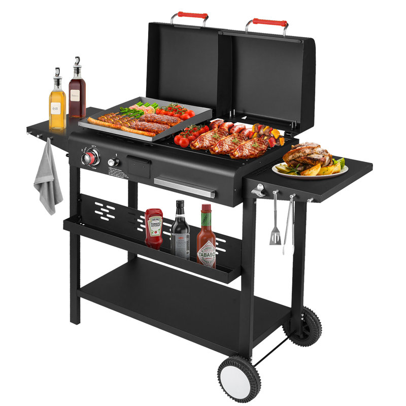 Black Dual-Fuel Propane & Charcoal Grill Combo - 32,700 BTU Flat Top Grill with 2 Side Shelves, Removable Griddle & Locking Wheels for Outdoor BBQ, Backyard & Tailgating
