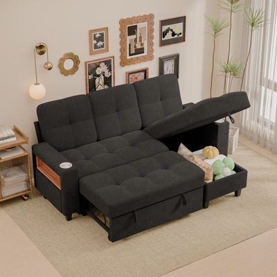 80'' Modular Chenille Sleeper Sofa with Reversible Chaise, Storage Arm, and Charging Ports, Dark Gray