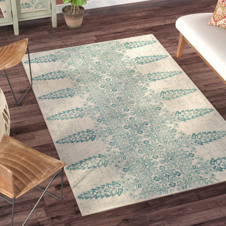 Annette Damask Ivory/Teal Area Rug