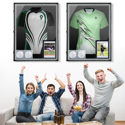 Extra Large Jersey Display Case with LED, UV Protection, Dual Baseball Holders & Photo Frame