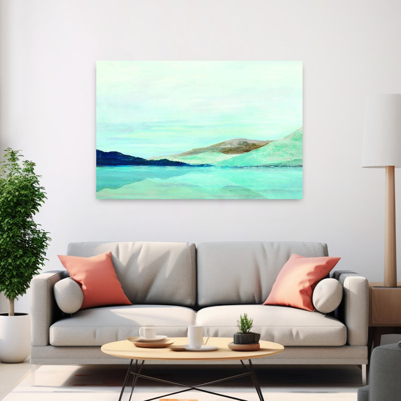 «Tranquil Waters and Distant Hills», art mural abstrait côtier, H 40 po x l 60 po