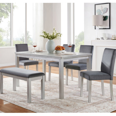 Ensemble de table de salle à manger en bois 6 pièces avec chaises rembourrées et banc, idéal pour les dîners de famille et les rassemblements formels, avec décoration en cristal