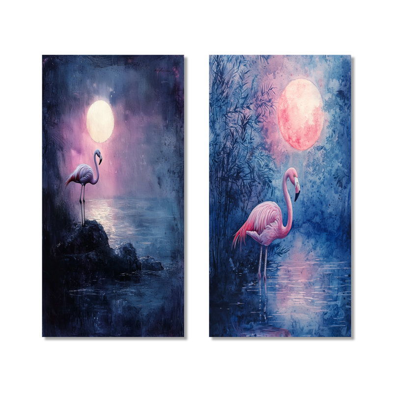 Flamant rose au clair de lune I - oiseaux roses, impression murale 2 panneaux, H 40 po x l 40 po