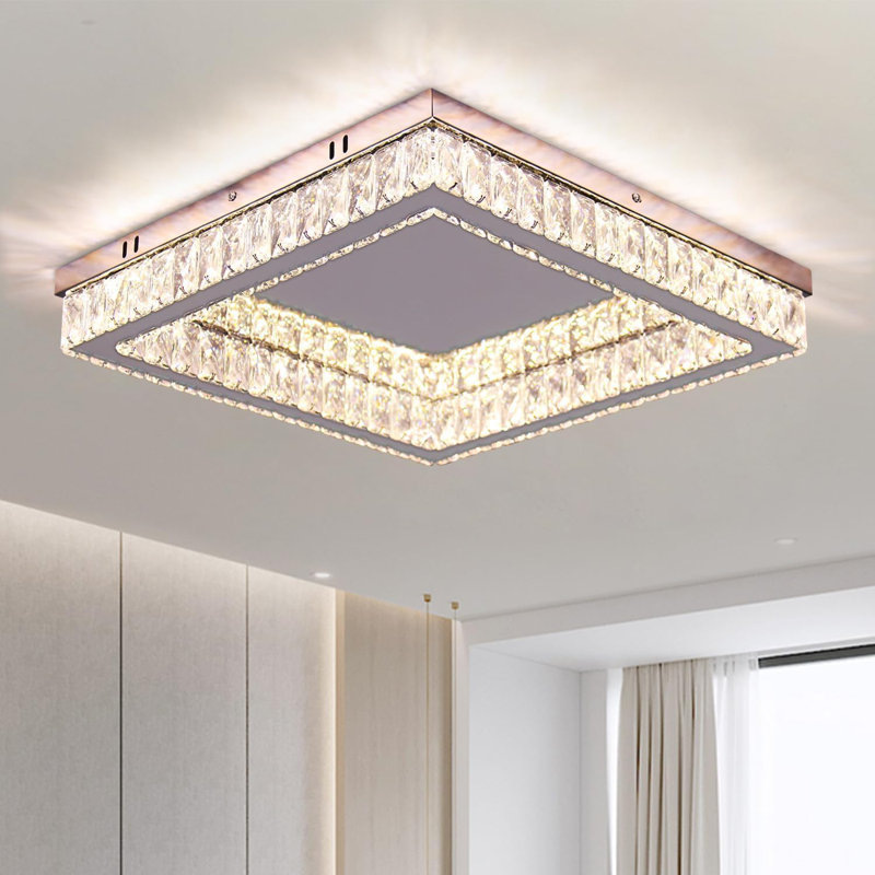 Modern Square Crystal Led Ceiling Light 17.7 Inch  6500k 2720lm For Living Room, Bedroom, Kitchen, Balcony, Basement And Office (not Dimmable)
