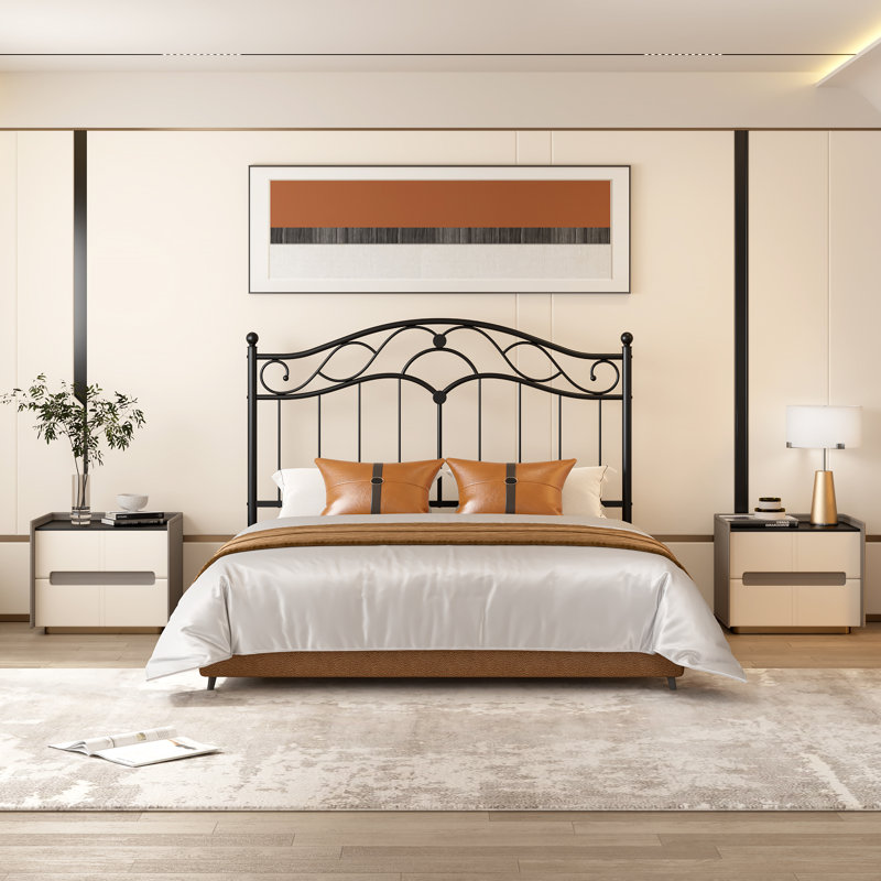 Arched Design Metal Headboard with Adjustable Height Metal Pads & Unique Ball-Adorned Slats, Queen