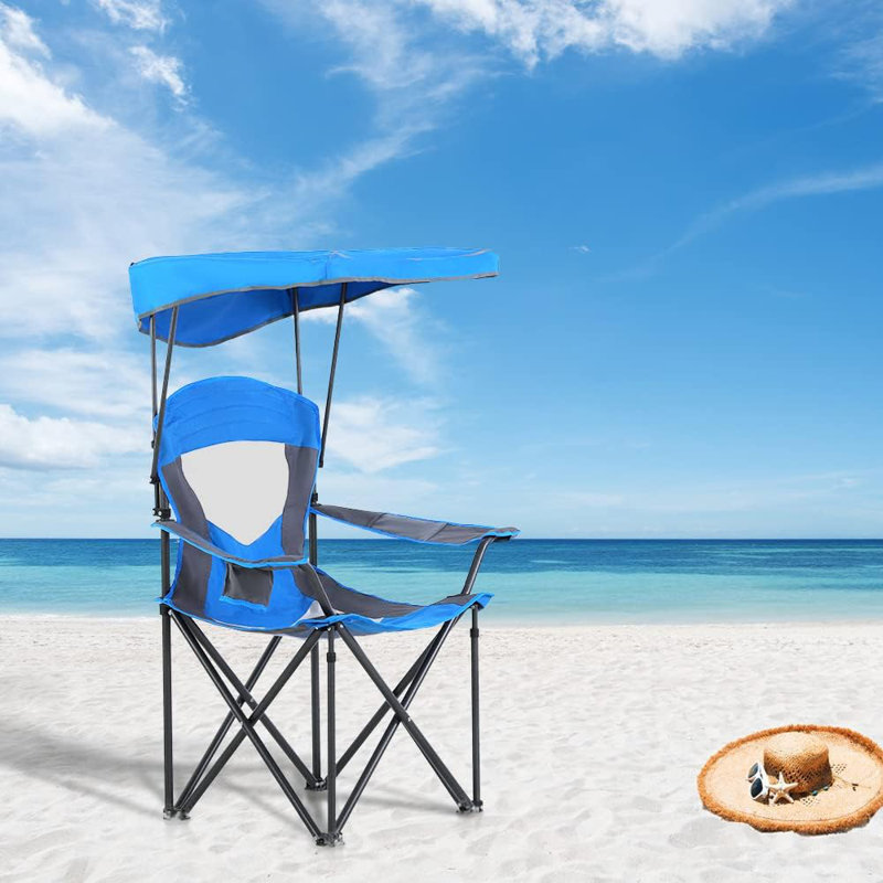Camping Chairs With Shade, Heavy Duty Canopy Lounge Chair Sunshade Hiking Travel Chair With Cup Holder For Outdoor, Camping, Beach And Patio, Enamel Blue