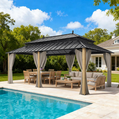 SUNJOY Kingston 14x12 Gazebo, Steel Hardtop Gazebo with Curtain and Netting - Cedar Posts