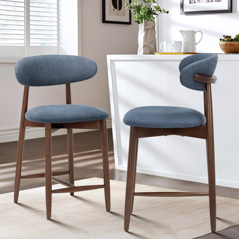Modern Bar Stool with Breathable Fabric & Solid Wood Frame, Curved Backrest for Comfort, Blue