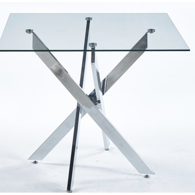 Modern Living Room Dining Table With Cross Metal Legs, Adjustable Size And Glass Surface For Easy - To Clean Top