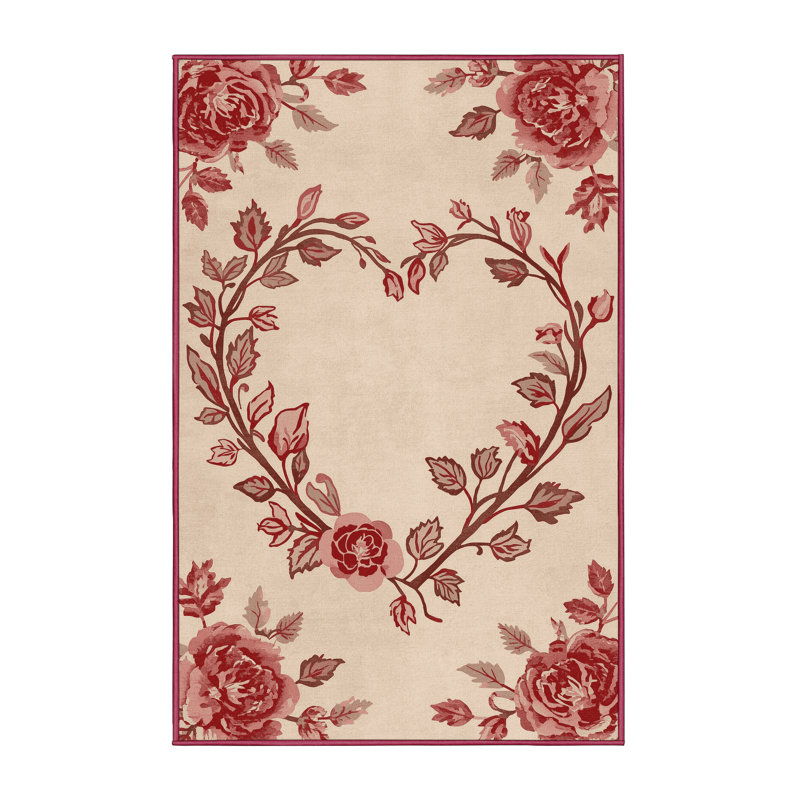 Soft Plush Feliz Valentines Modern & Contemporary Abstract Area Rug in Beige – Rose Binding, 4x6