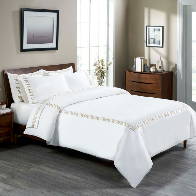 Ensemble de housse de couette brodée en coton égyptien à densité de tissage 1200 fils, Blanc