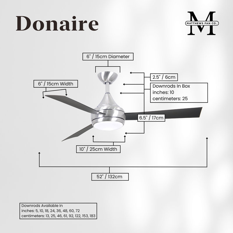 Donaire LED Outdoor Downrod Ceiling Fan, Brushed Stainless, Brushed Bronze
