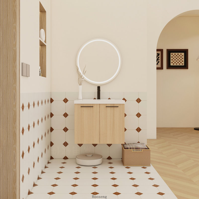 Meuble-lavabo flottant 24 po en chêne clair avec lavabo en résine, rangement mural à double porte