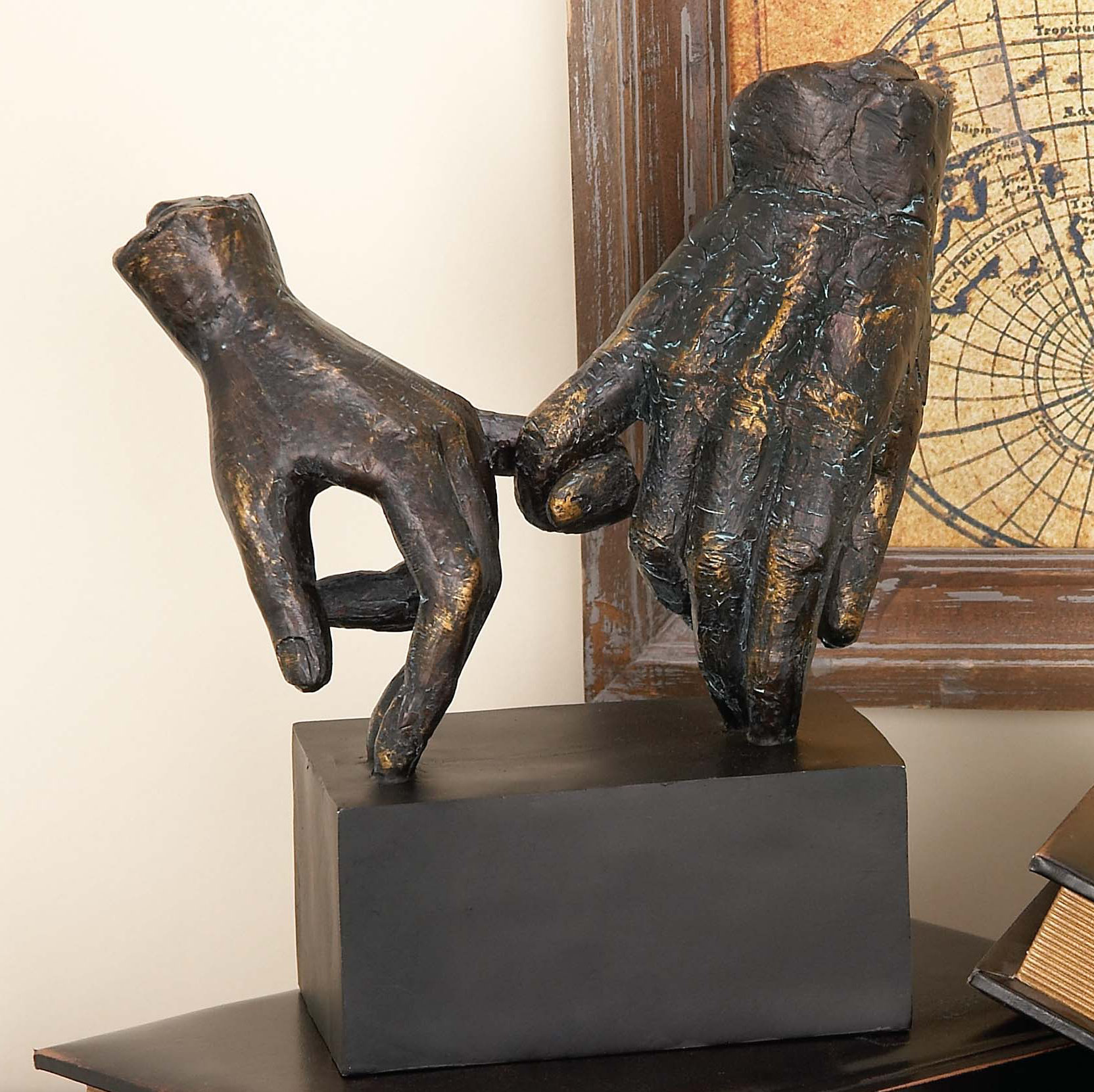 Red Barrel Studio® Polystone Weathered Patina Linked Hands Decorative Sculpture with Block Base and Gold Accents & Reviews | Wayfair