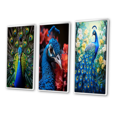 «Teal Radiant Peacock», 3 pièces sur toile