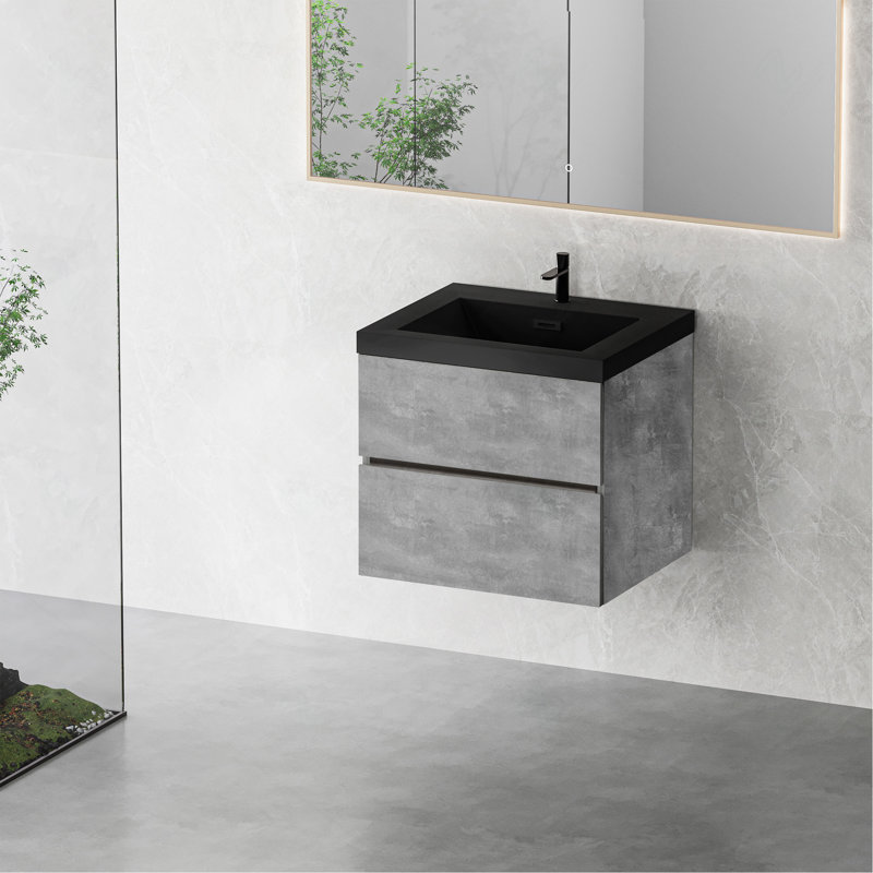 Meuble-lavabo flottant 24 po avec lavabo, meuble de rangement mural avec lavabo à quartz noir et tiroirs à fermeture en douceur entièrement assemblés