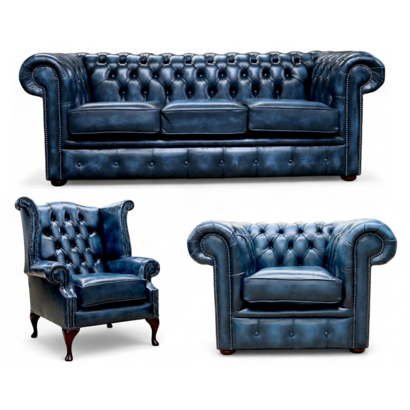 Chesterfield 3 Piece Suite. 3 Seater Sofa + Club Chair + Queen Anne Wing Chair Leather Sofa Suite Offer Antique, Blue
