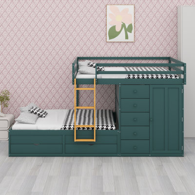 Modern Bunk Bed With Multi-Size Storage Drawers And Compact Wardrobe