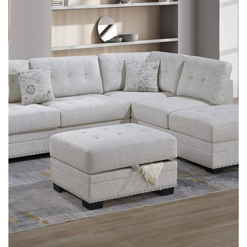 Living Room L-Shaped Sectional w Ottoman, Beige Burlap