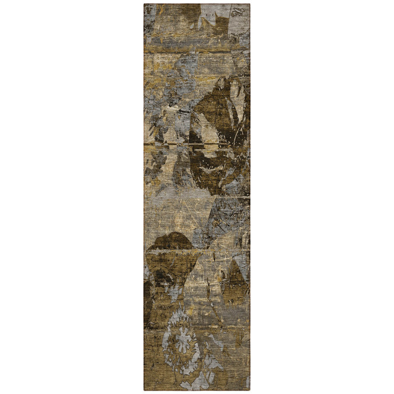 2' X 8' Brown Terracotta and Gray Abstract Washable Indoor Outdoor Runner Rug