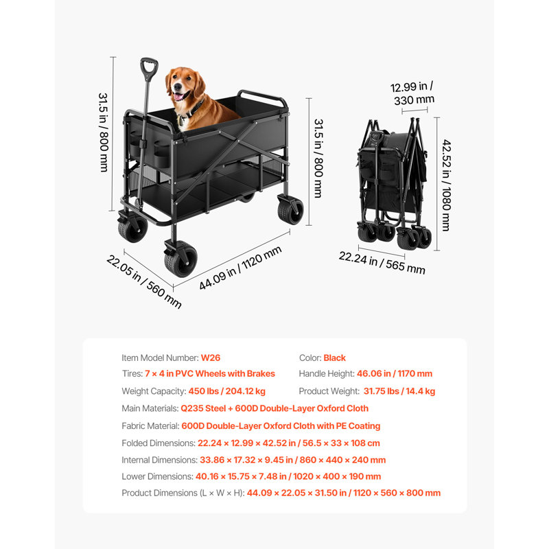 Chariot pliant robuste à double plateau 300L et 450 lb