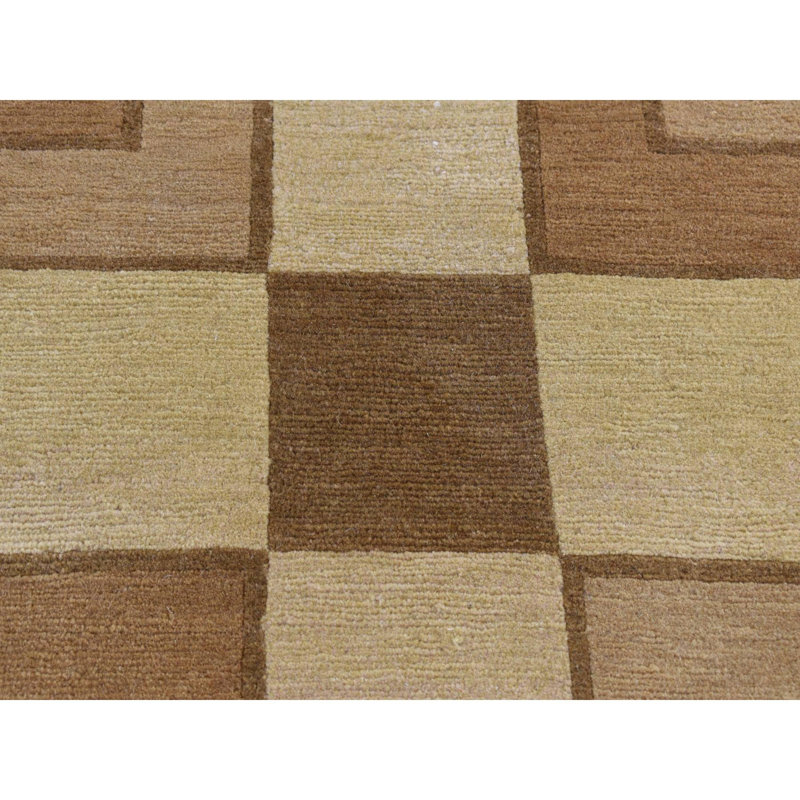 1'10"x2'10" Tan Brown Modern Nepali Squares Design Wool Hand Knotted Rug 5F0082F45DF04557B1EDBB0494CAF104