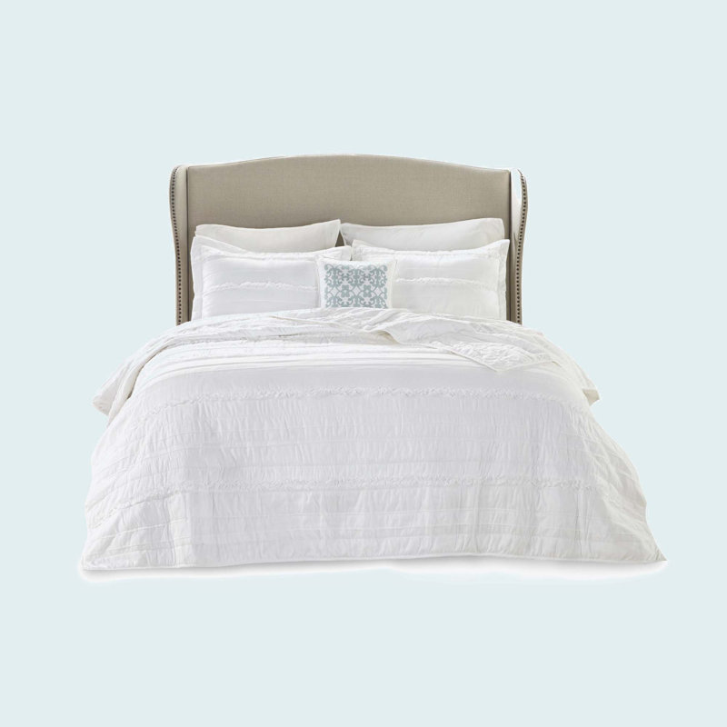 4 Piece Microfiber Reversible Ruffle Quilt Set With Throw Pillow White, Full/Queen Quilt + 2 Standard Pillow Shams
