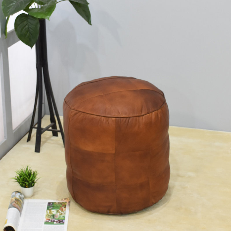 Pouf rond en cuir véritable de 17 po de largeur, Cuir véritable brun, H 14 po x l 14 po x P 14 po, Rond