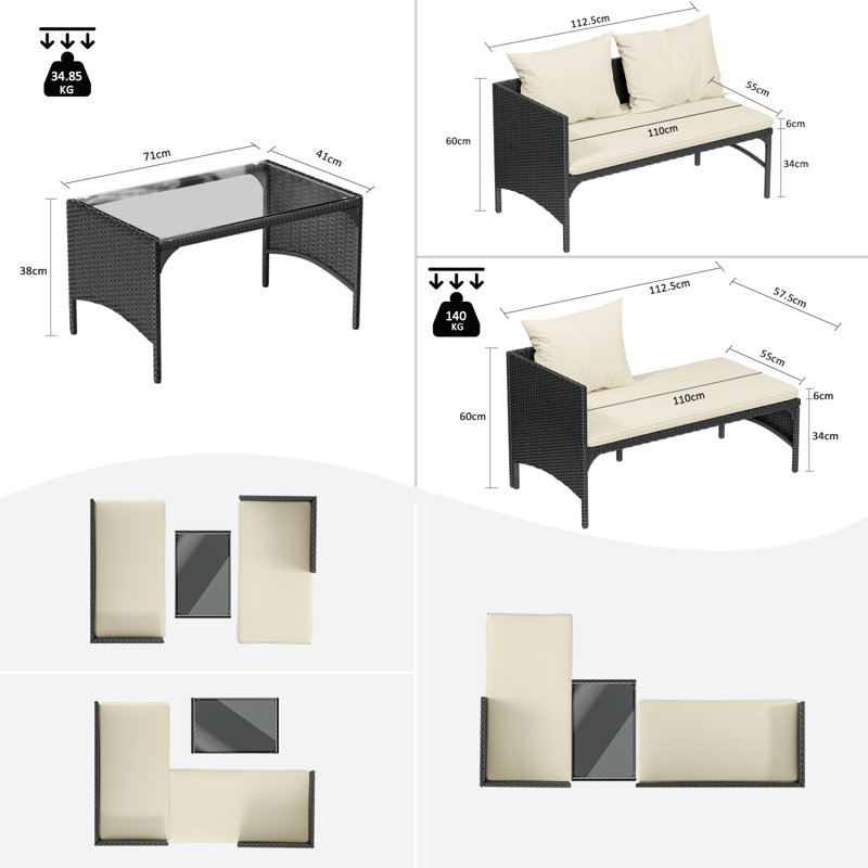 Conchita Polyethylene Wicker 3 - Person Seating Group with Cushions, Black, Beige