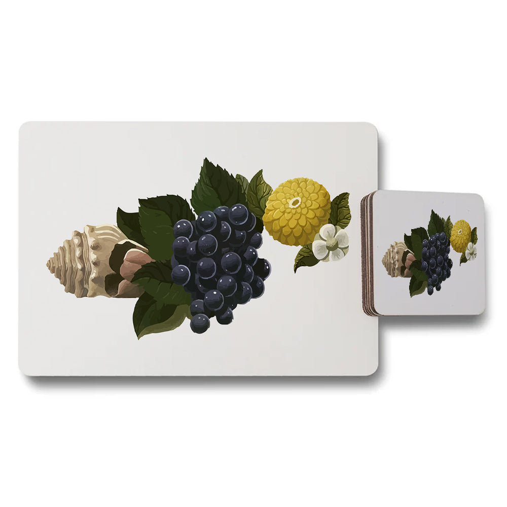 Fruit Themed Placemat And Coaster Set With Grapes And Floral Accent