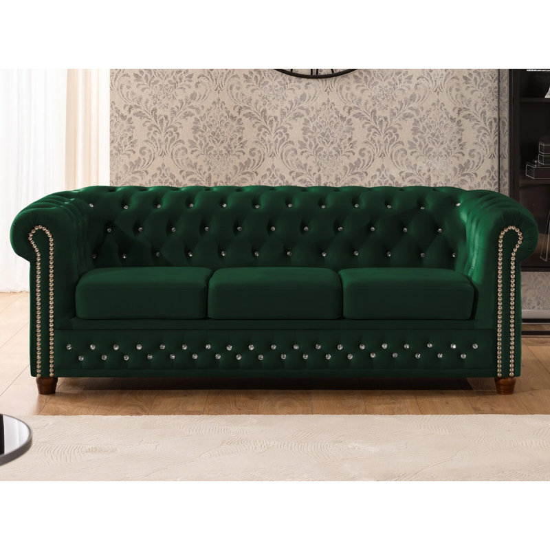 Cleo Blink 2 Piece Velvet Chesterfield Living Room Set, Bottle Green