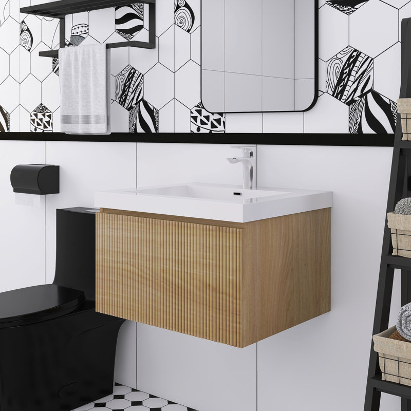 Meuble-lavabo mural en chêne naturel avec comptoir en résine de pierre et tiroirs à fermeture en douceur, Naturel, 24", Blanc
