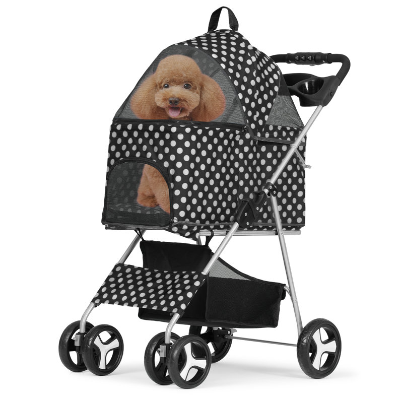 Black and White Polka Dot Foldable Pet Stroller with Steel Frame